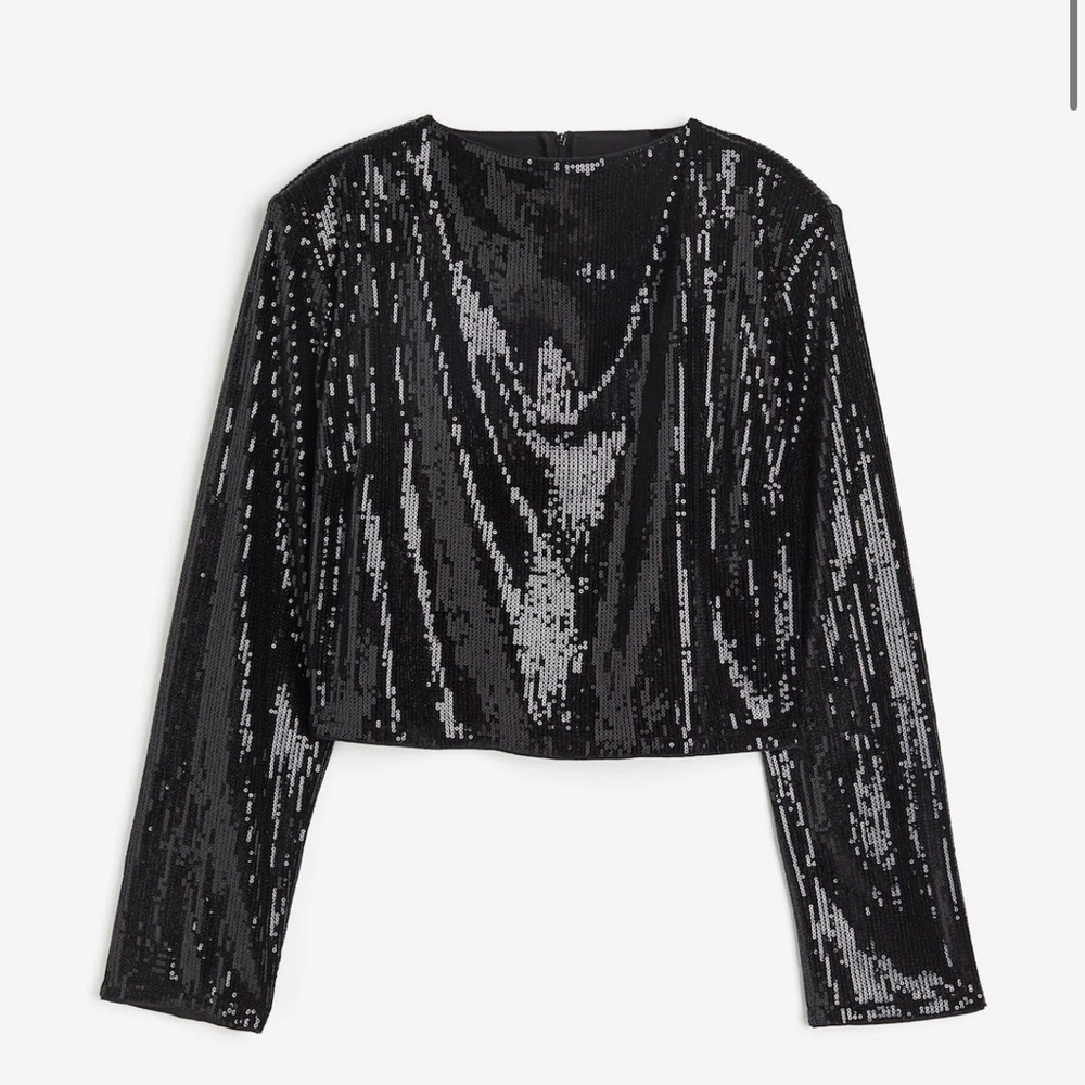 H&M Black Elegant Sequin Long Sleeve Crop Top Size M Party Top Sparkly